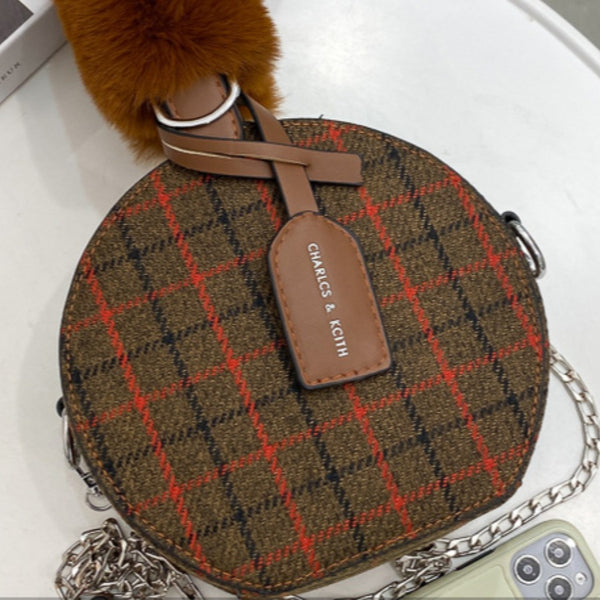 Tartan Fur Handle Handbag