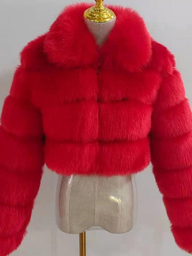 Exaggerated Long Sleeve Spread Collar Bubble Cropped Faux Fur Coat